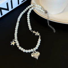 Cross heart star faux pearl 2 pcs necklace