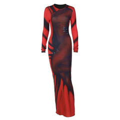 Abstract contrast long sleeve crewneck maxi dress