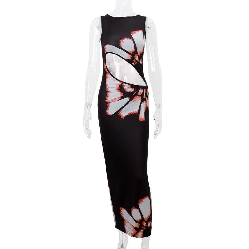 Crewneck hollow out print tank cut out maxi dress