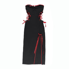 Bowknot ruched ribbon lace up slit ribbed tube midi dress