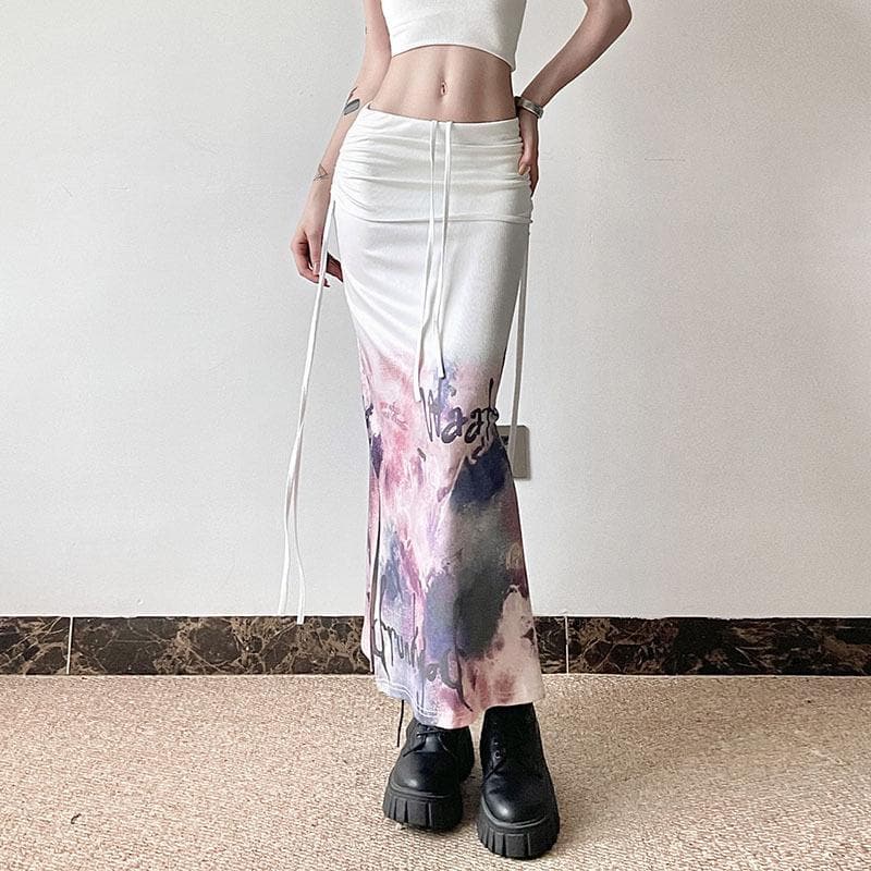 Drawstring abstract print ruched slit maxi skirt