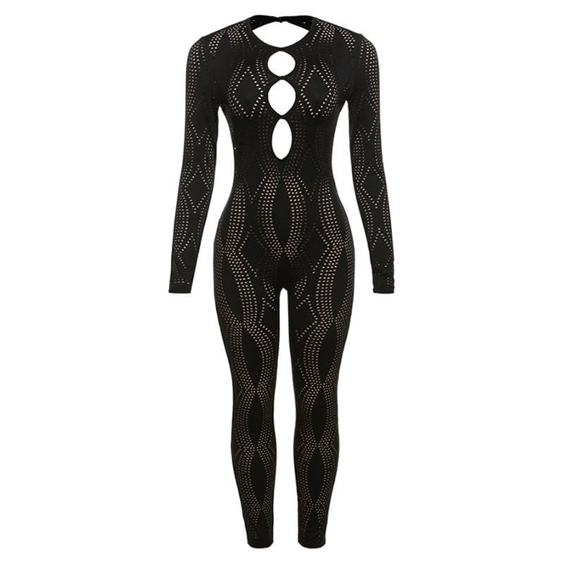 Fishnet hollow out solid long sleeve button backless jumpsuit