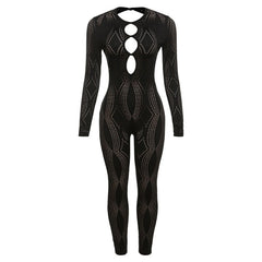 Fishnet hollow out solid long sleeve button backless jumpsuit