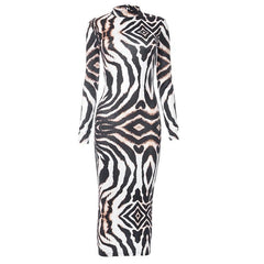 Backless self tie long sleeve tiger print contrast midi dress