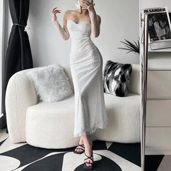 Backless glitter sweetheart neck zip-up long sleeve tube maxi dress - Final Sale