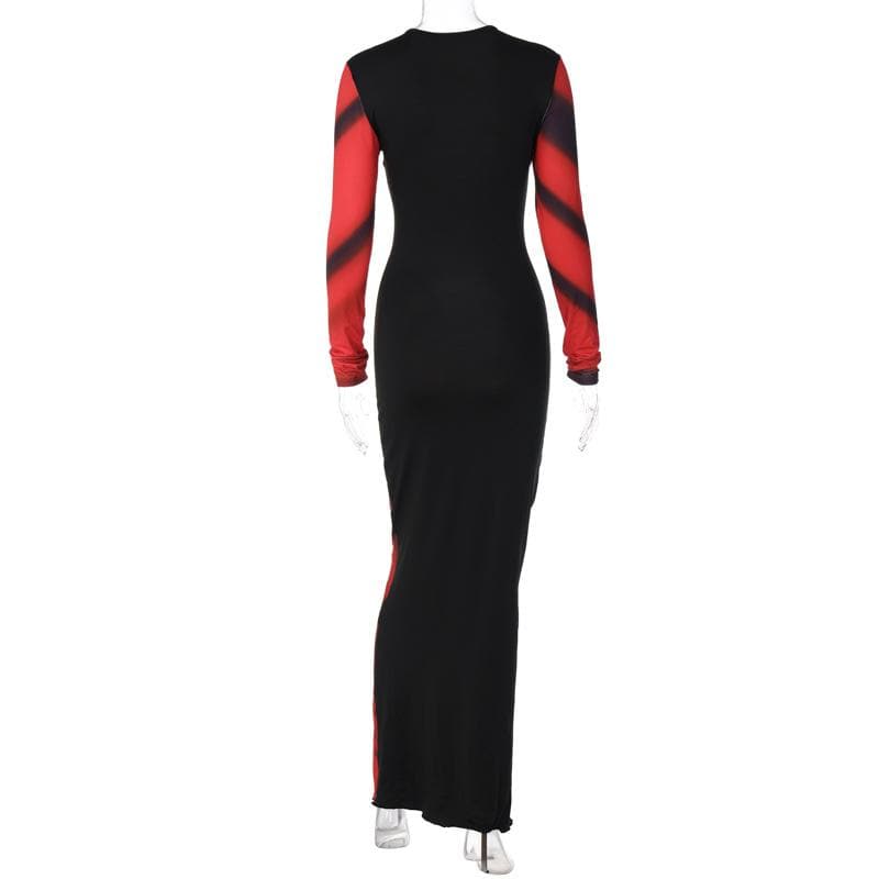 Abstract contrast long sleeve crewneck maxi dress