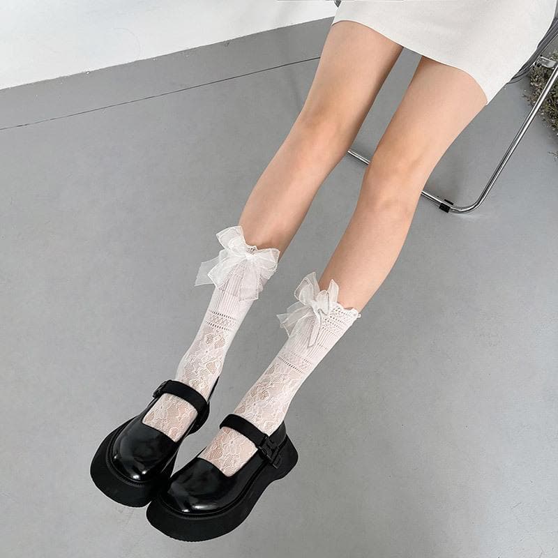 Gauze lace bowknot solid long socks