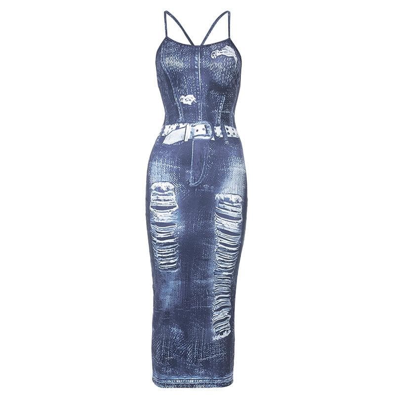 Cross back u neck backless denim print contrast slit midi dress- Final Sale