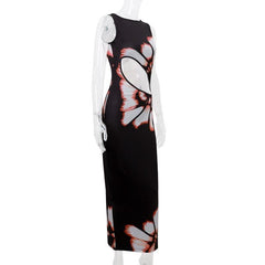 Crewneck hollow out print tank cut out maxi dress