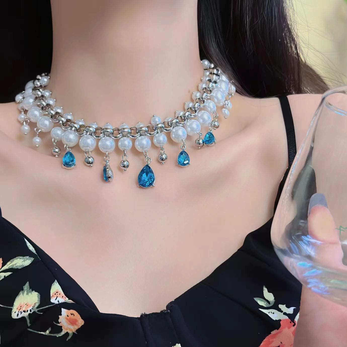 Faux pearl blue rhinestone choker necklace