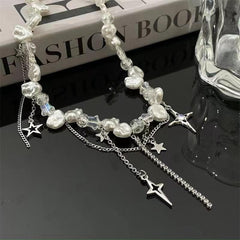 Faux pearl beaded star necklace