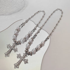 Beaded cross pendant rhinestone necklace