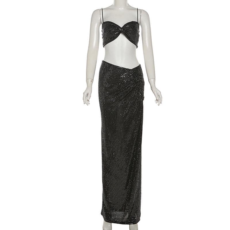 Glitter ruched slit cami maxi skirt set