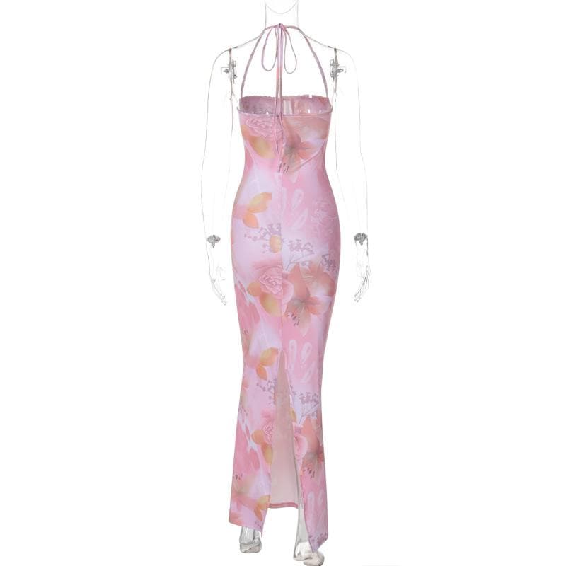 Halter print ruched bustier high slit knotted maxi dress