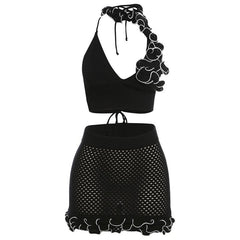 Crochet ruffle irregular halter contrast v neck backless mini skirt set- Final Sale