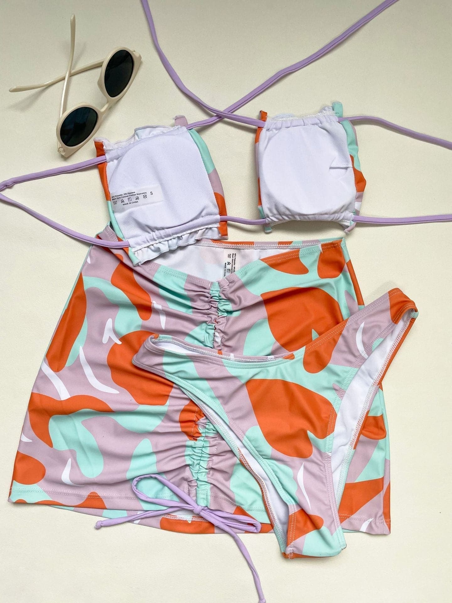 Drawstring contrast print padded halter backless 3 piece swimwear