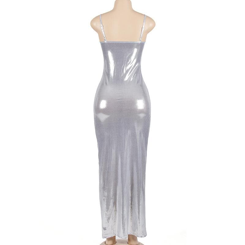 Backless u neck solid metallic cami maxi dress