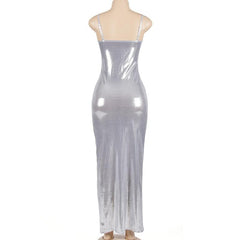 Backless u neck solid metallic cami maxi dress