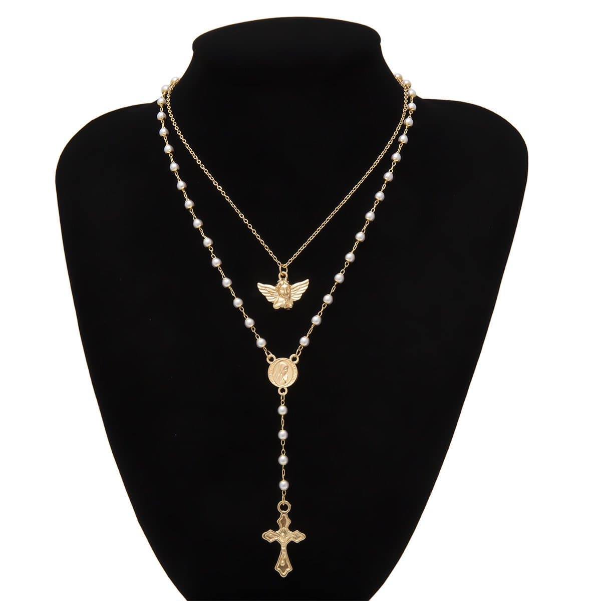 Angel cross pendant pearl layered necklace