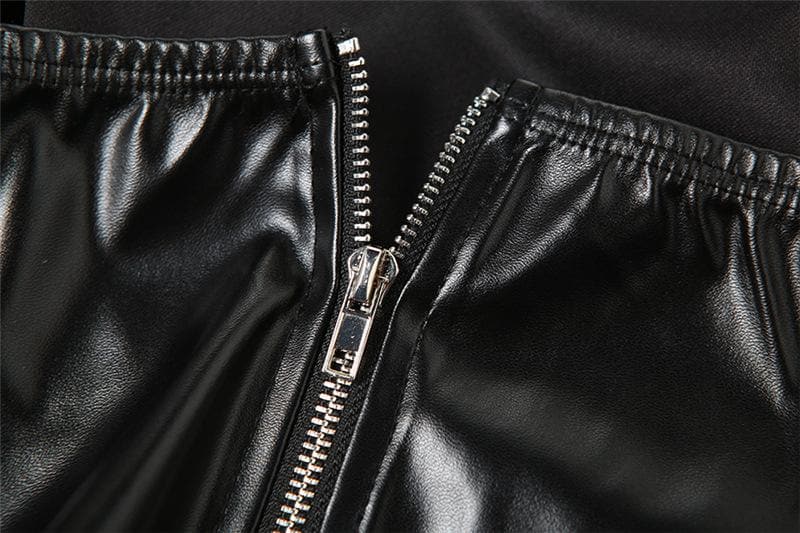 Buckle solid PU leather zip-up backless crop top