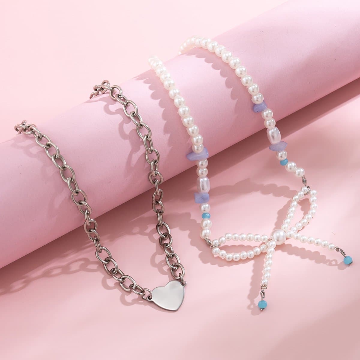 Bowknot faux pearl beaded 2 pcs chain necklace