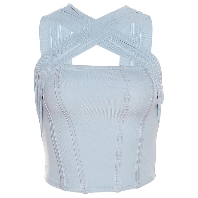 Mesh cross front corset solid backless crop top