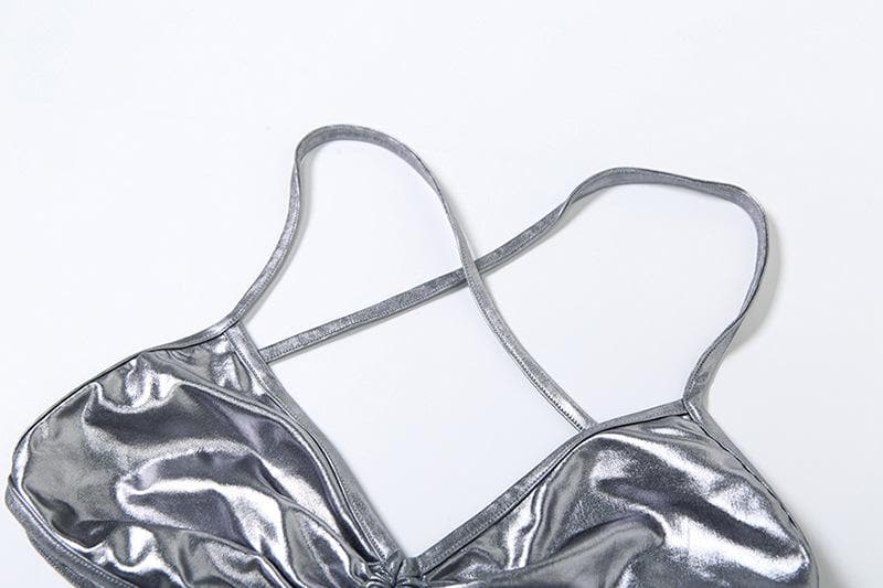 Drawstring ruched v neck metallic cami top