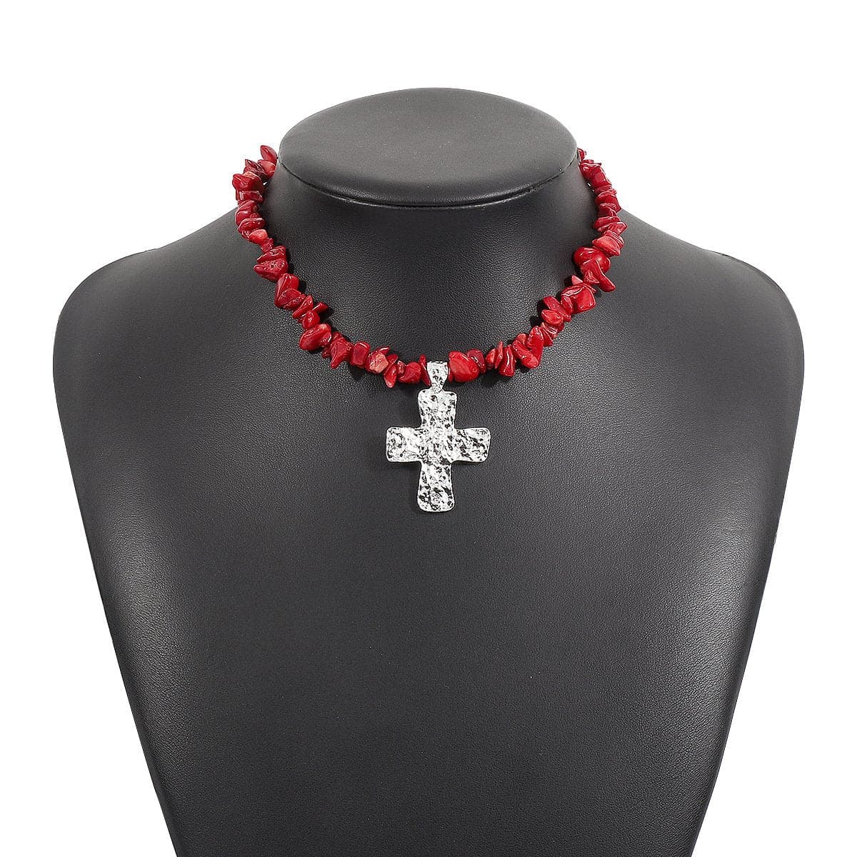 Cross pendant beaded metal chain necklace