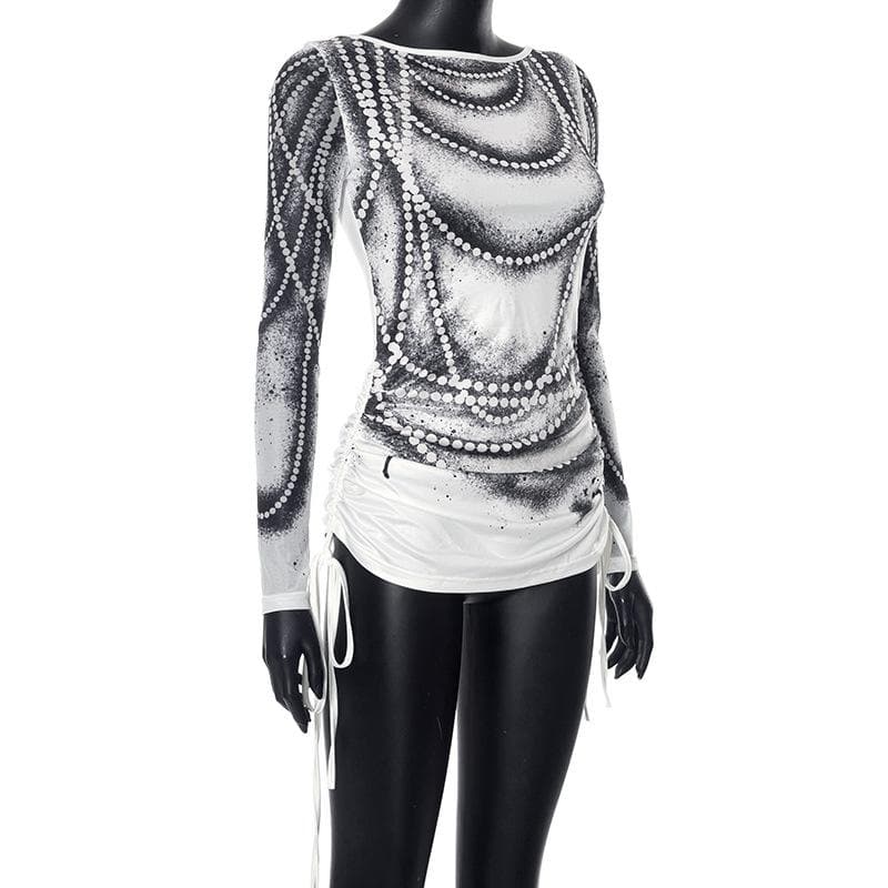 Drawstring long sleeve beaded print contrast backless top