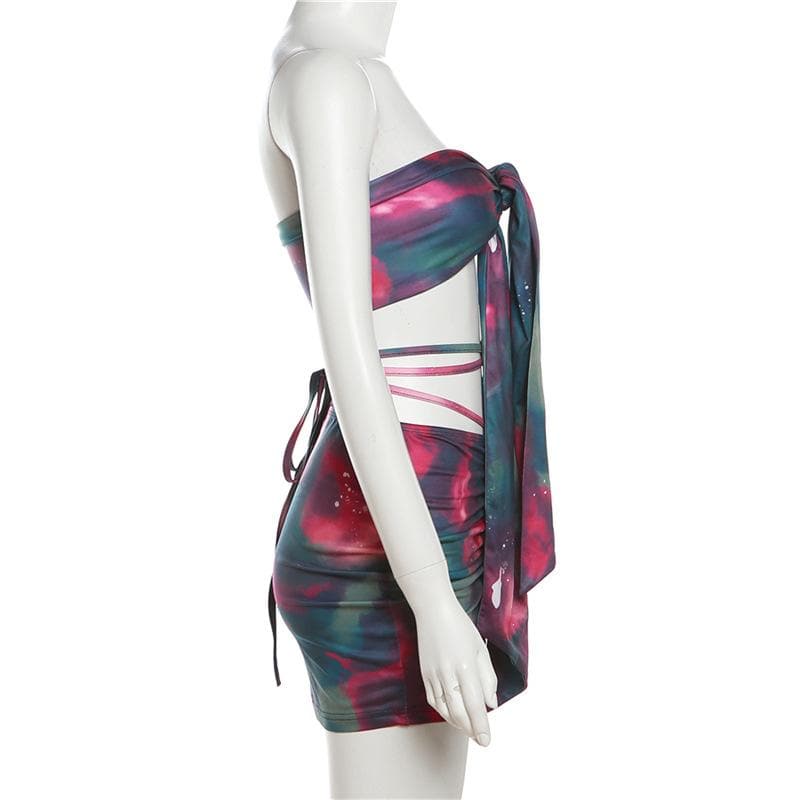 Backless self tie ruched tie dye drawstring contrast mini skirt set