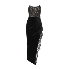 Bustier ruched smocked slit velvet lace irregular tube midi dress