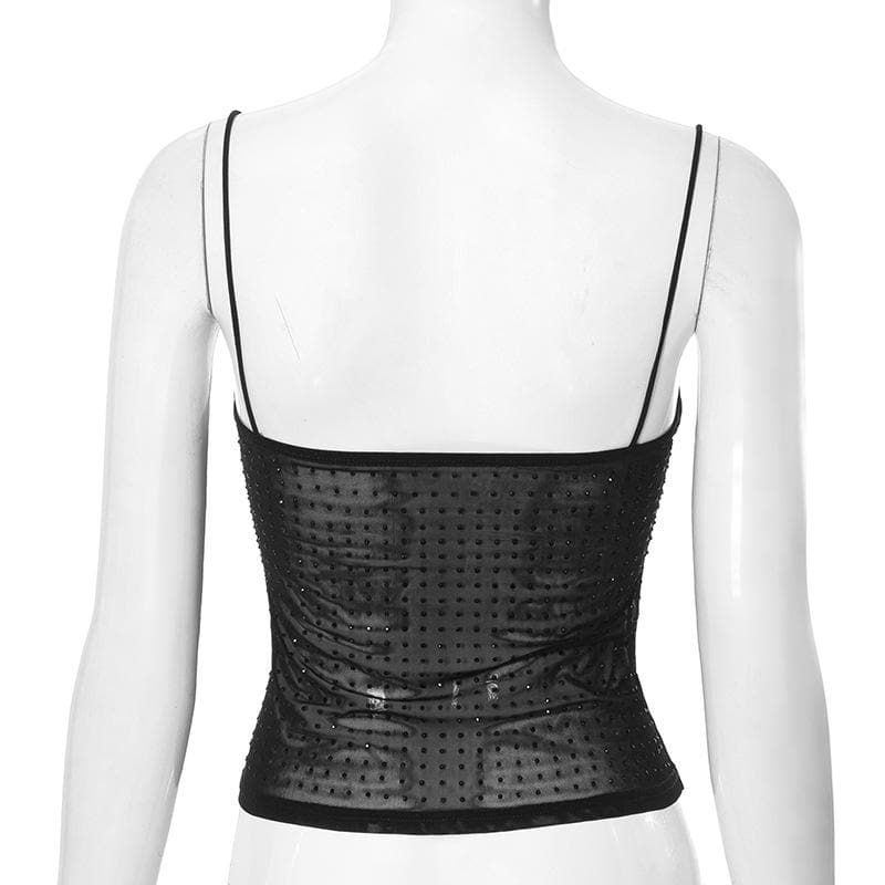 Beaded mesh patchwork backless cami top