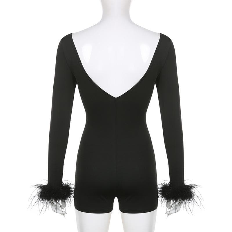 Feather corset long sleeve backless solid romper- Final Sale