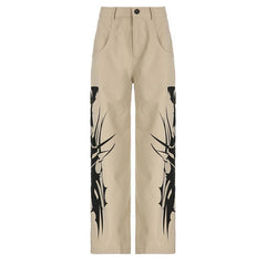 Abstract high rise button pocket contrast straight leg pant