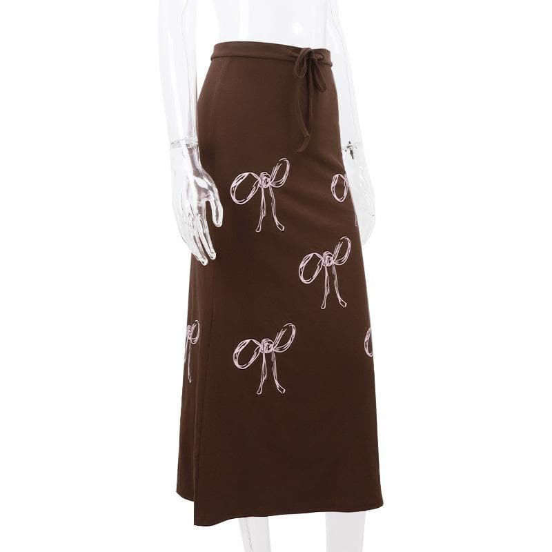 Drawstring ruched bowknot print contrast self tie midi skirt