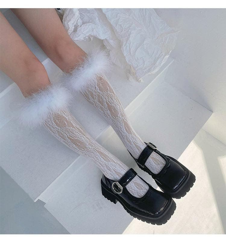 Feather lace hollow out knee high socks