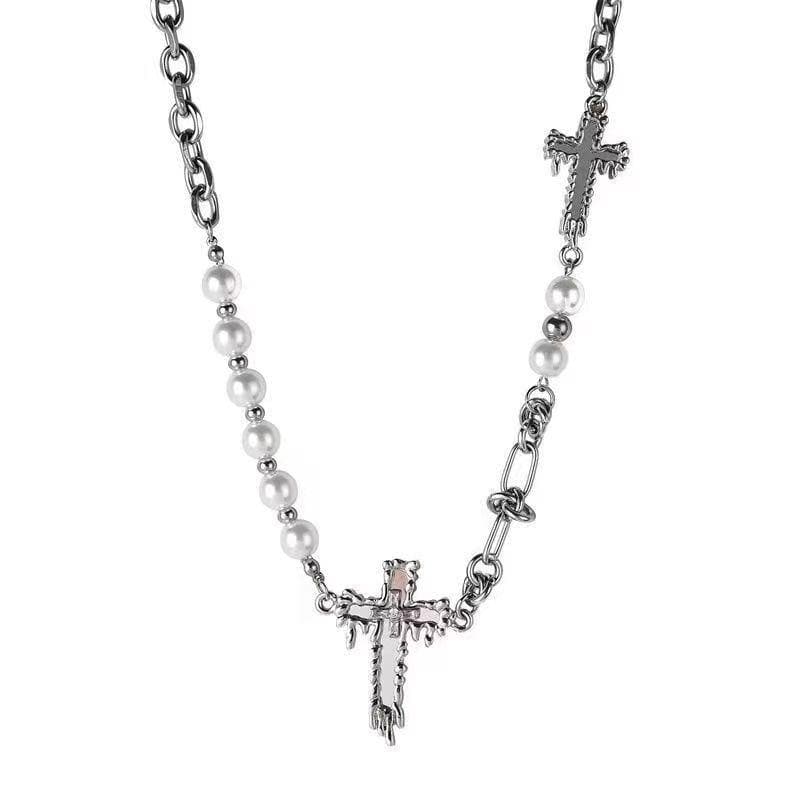 Faux pearl beaded cross decor necklace