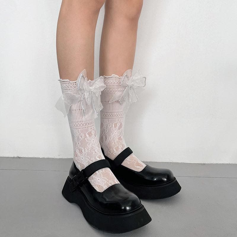 Gauze lace bowknot solid long socks