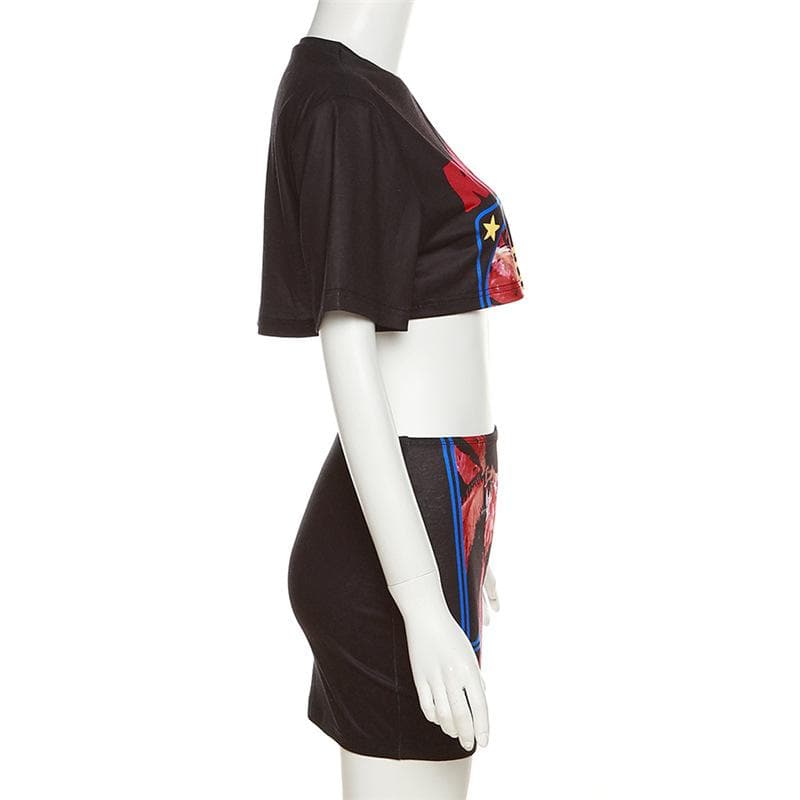 Crewneck short sleeve abstract contrast mini skirt set