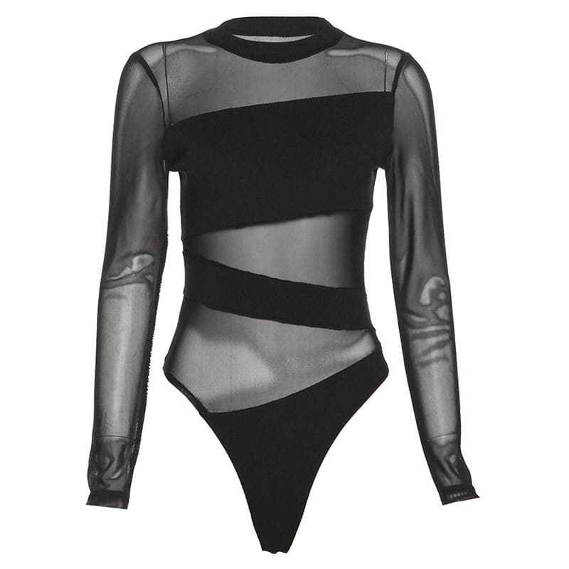 Crewneck long sleeve mesh patchwork irregular bodysuit