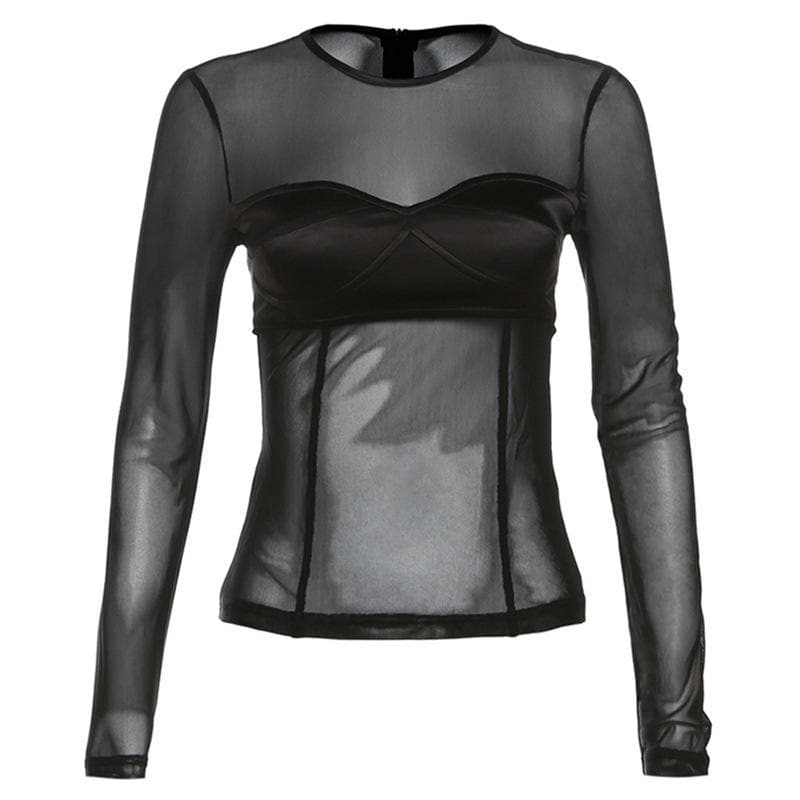 Mesh solid long sleeve corset patchwork crewneck top - Final Sale