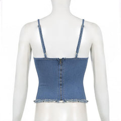 Denim bowknot zip-up raw hem lace hem cami top