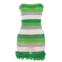 Backless ruffle contrast striped crochet tube dress