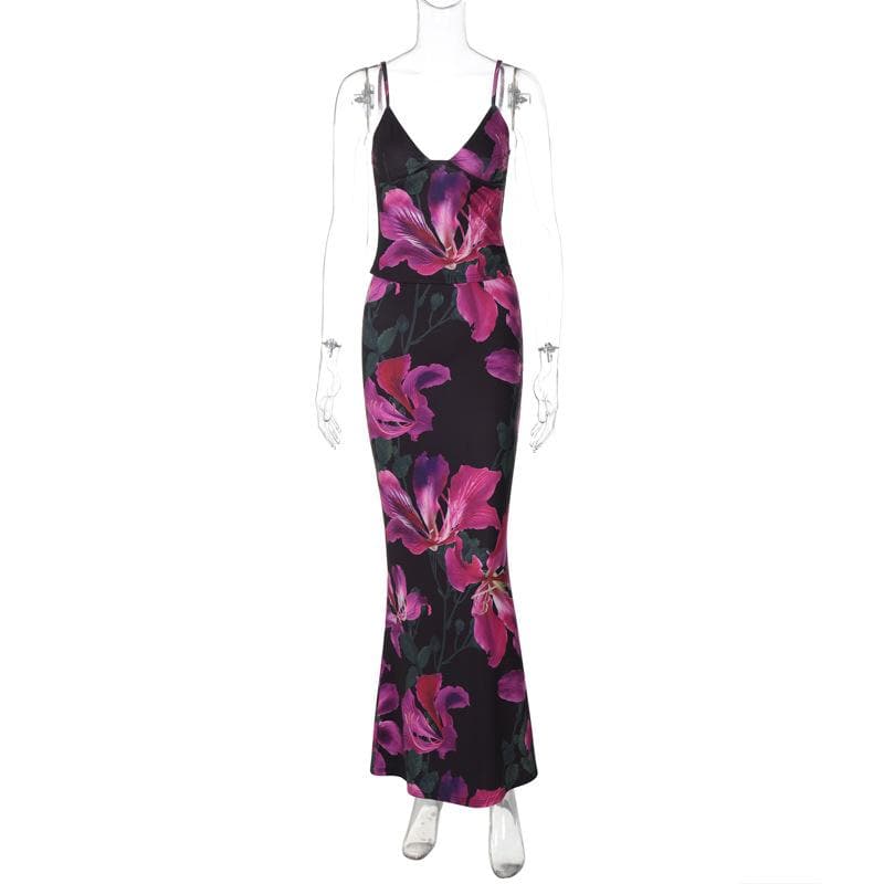 Flower print v neck contrast cami maxi skirt set