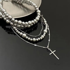 Beaded layered cross choker necklace