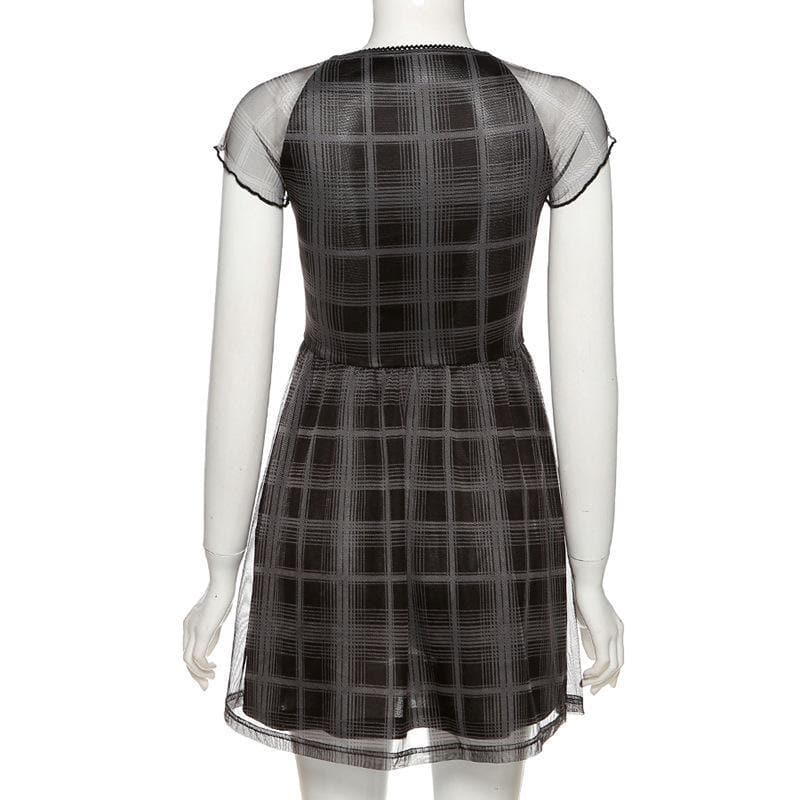 Mesh short sleeve plaid A line ruffled dress