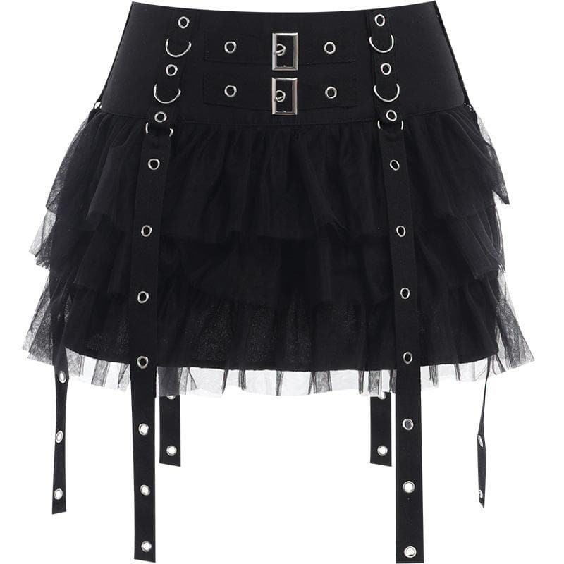 Buckle mesh zip-up ruched A line mini skirt