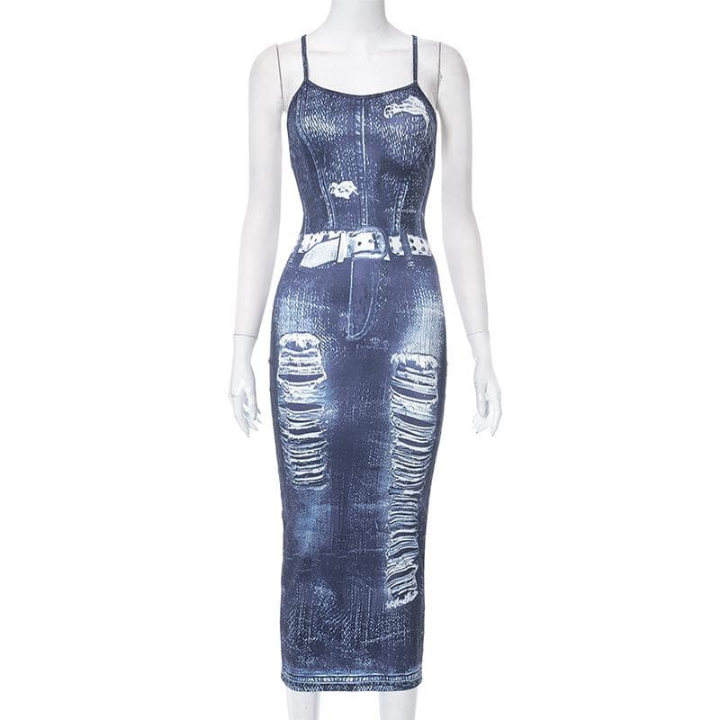 Cross back u neck backless denim print contrast slit midi dress- Final Sale