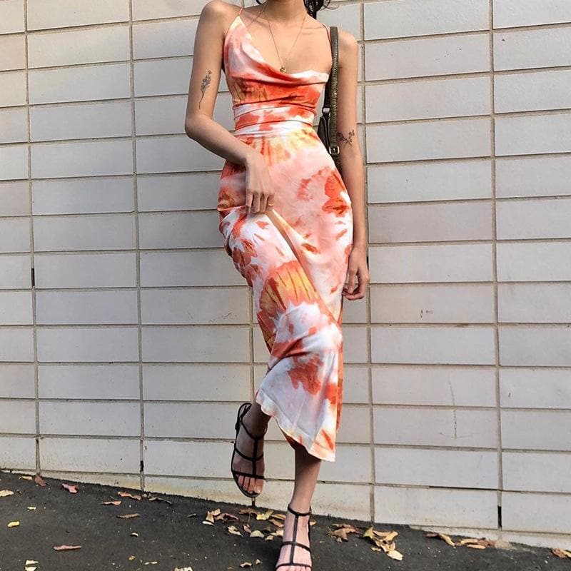 Cross open back tie dye maxi dress