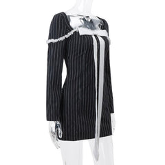 Bowknot striped long sleeve square neck zip-up contrast mini dress